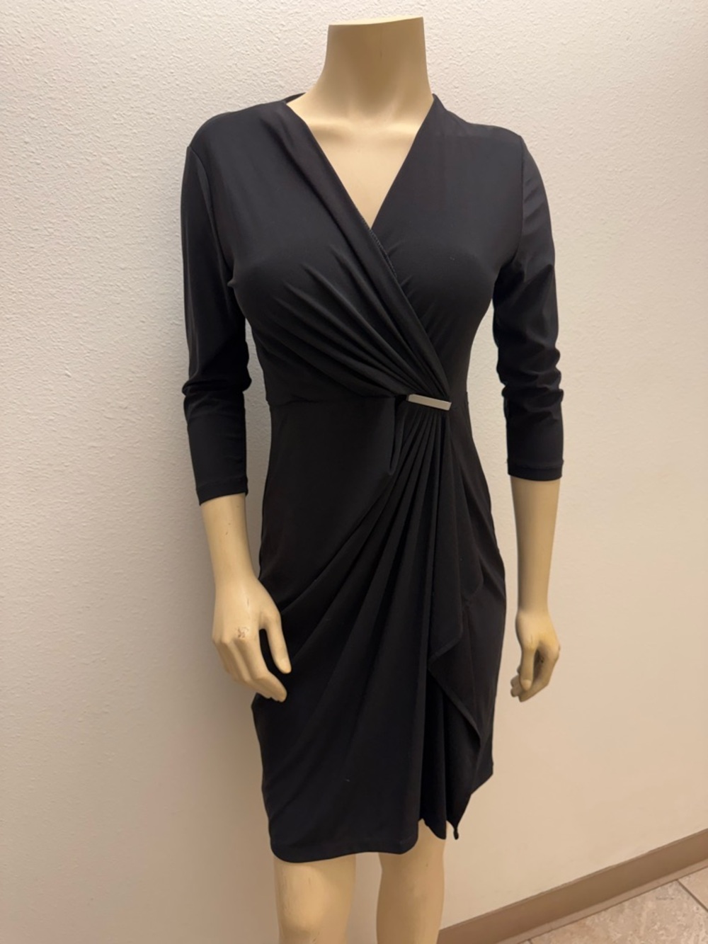 Soho Black Draped Faux-Wrap Midi Dress